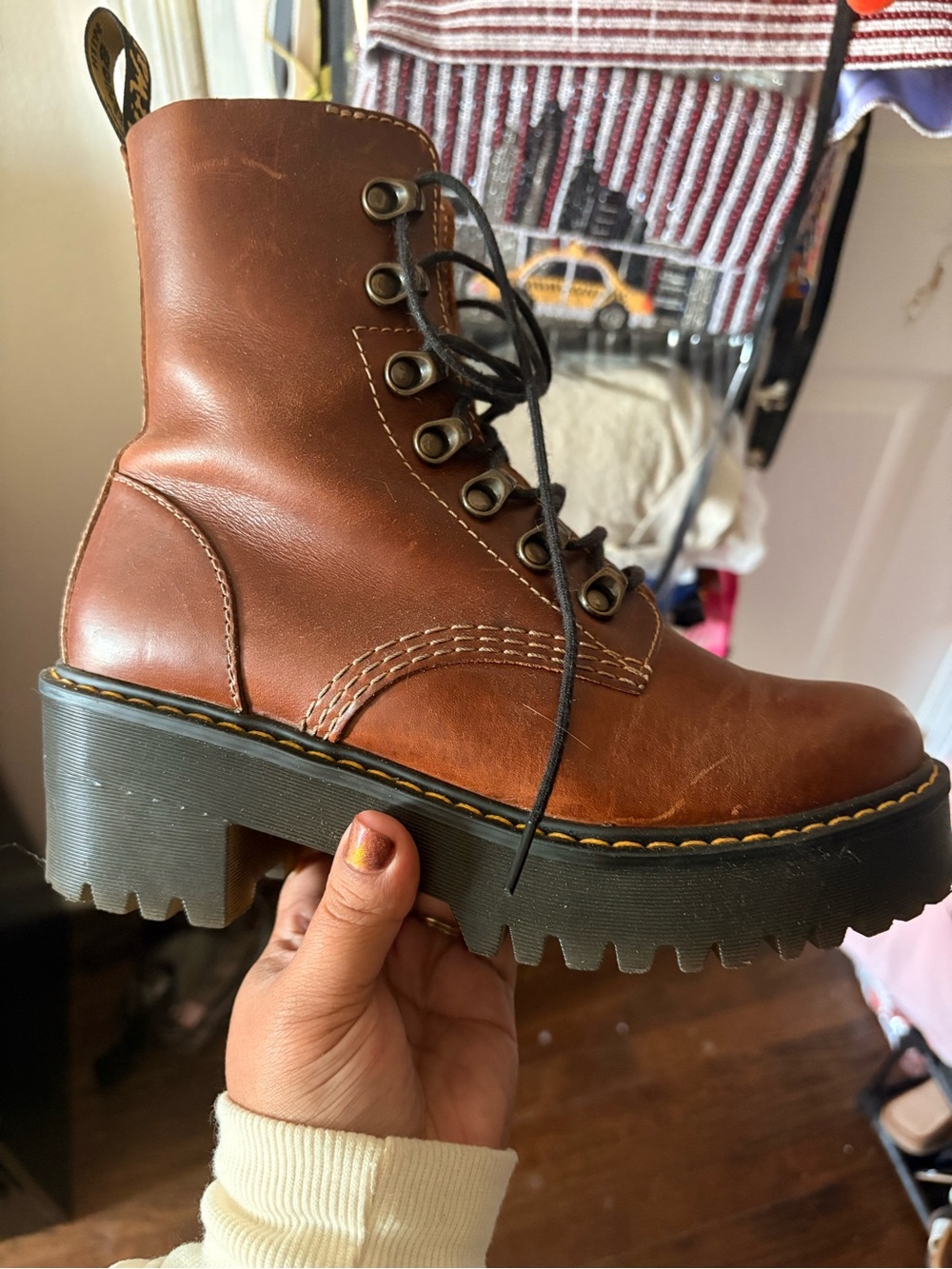 Doc Martens Leona Brown Leather Platform Lace-Up Boot